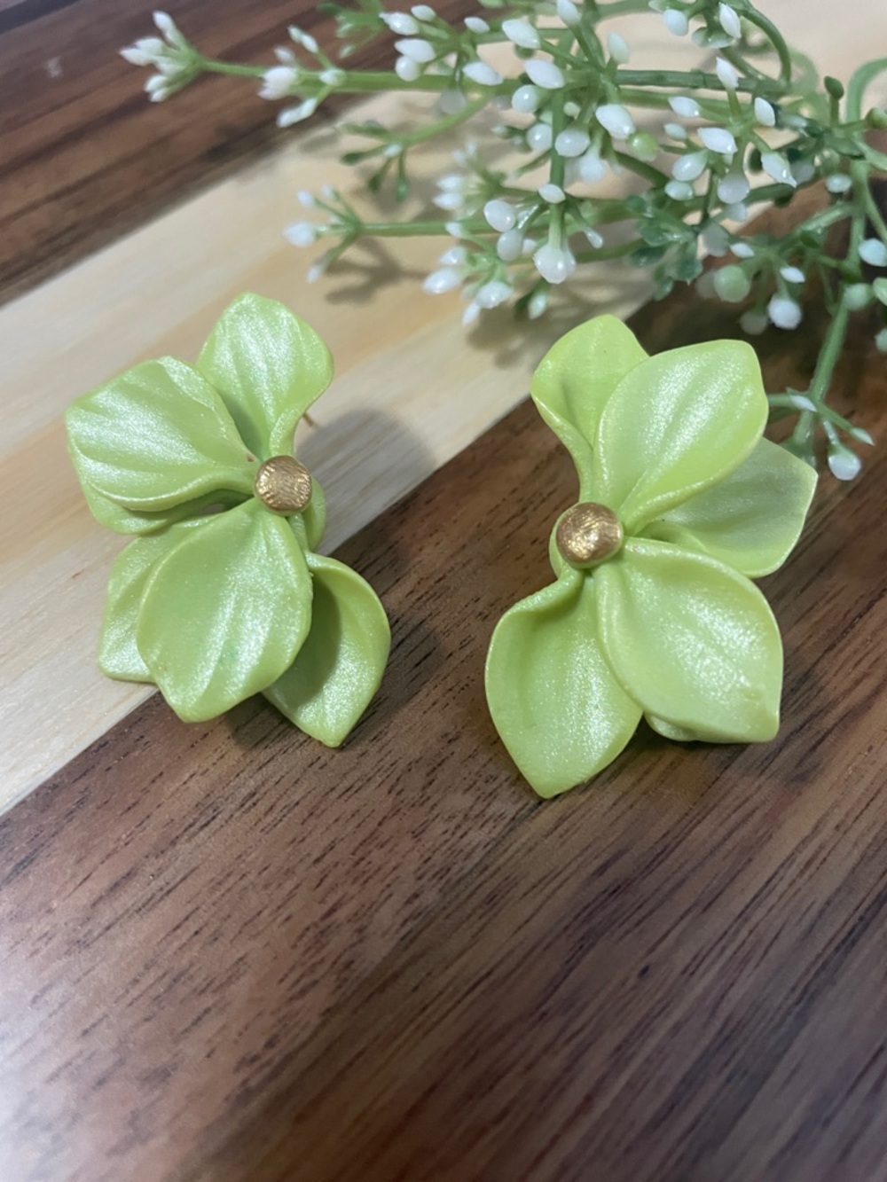 Lime Floral Statement Earrings with Gold Accent